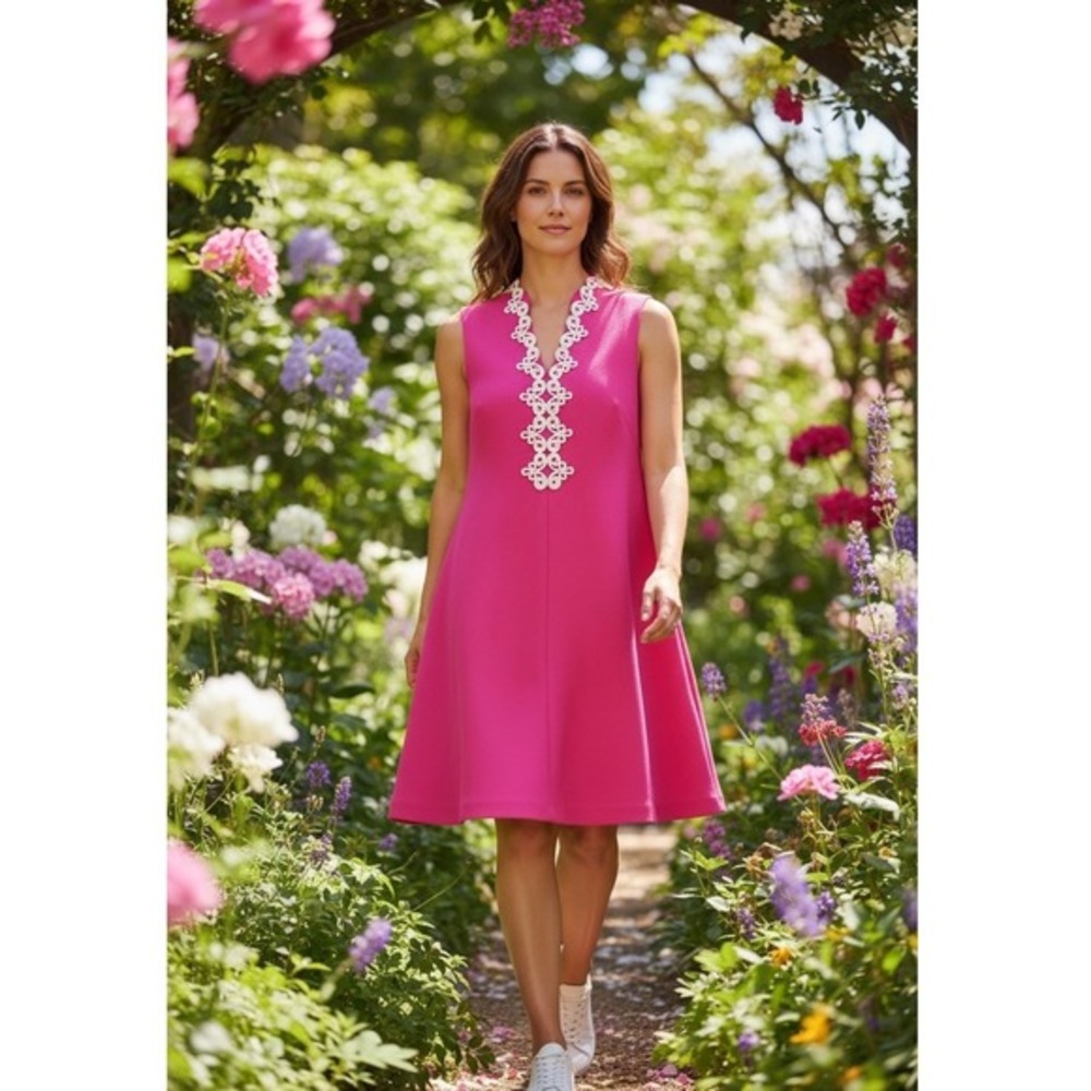 Vince Camuto Shift‎ Dress Women 8 Pink New Soutache Trim Sleeveless Pique Mod